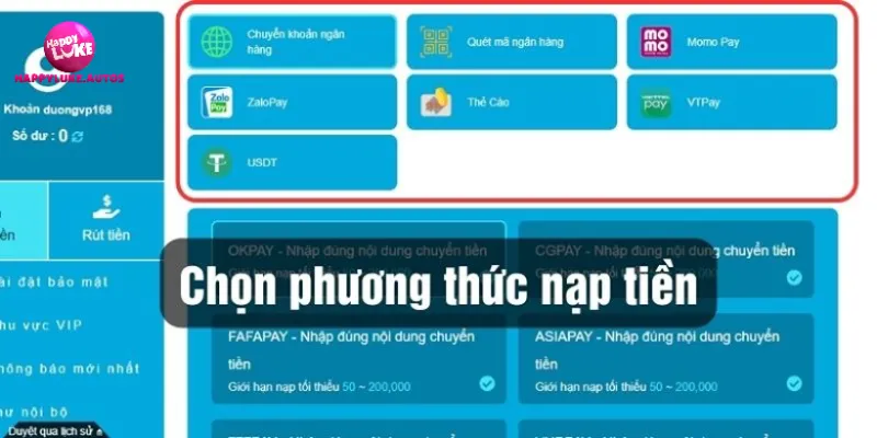 Nhiều hình thức nạp tiền tại Happyluke